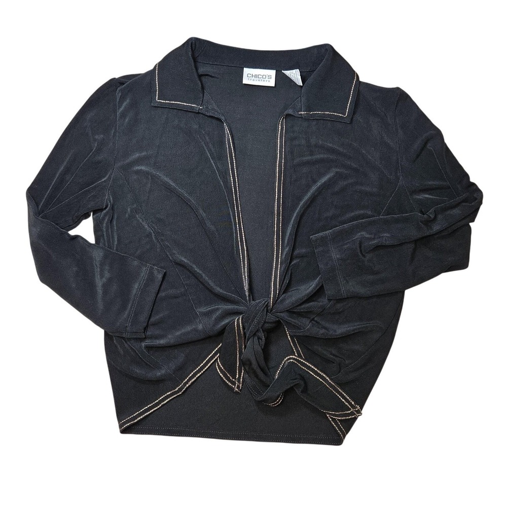 Chico's Travelers Cardigan Top Women 1 M Black Tie Front Preppy Office Work Vaca